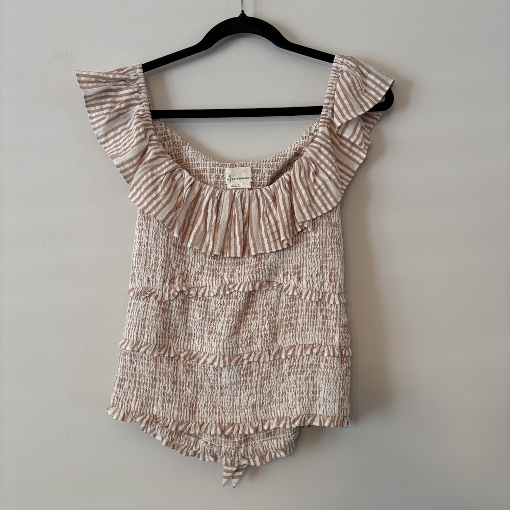 Anthropologie Smocked Open Tie Back Striped Top L Ruffle Cottage Boho‎ Festival